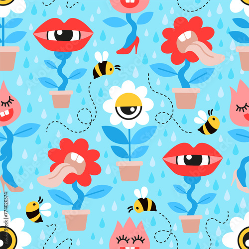 Seamless pattern of crazy house plants in a flat style. Vector hand drawn doodle flowers and bees in a flat style on blue background © Nataliia