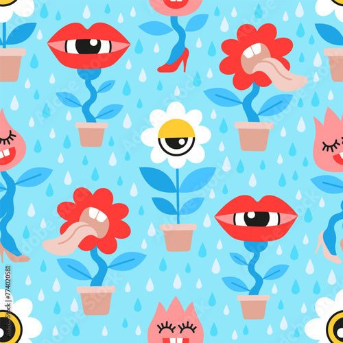 Seamless pattern of crazy houseplants character in a flat style. Vector hand drawn doodle flowers on blue background © Nataliia