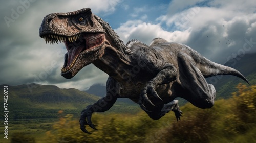 A running Dinosaur Velociraptor in nature. Jurassic World  Historical extinct Animals living Many centuries before our era.
