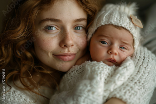 Serene Motherhood: Young Woman Embracing Newborn Baby in Soft Light