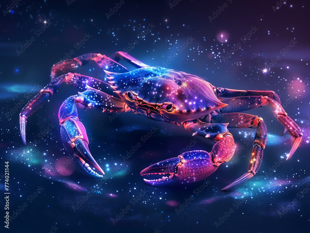 In the quiet of a neonlit night a single crab represents Cancer its shell a haven of stars in the astrological silence. Generative ai. In the quiet of a neonlit night a single crab represents Cancer its shell a haven of stars in the astrological silence. Generative ai.