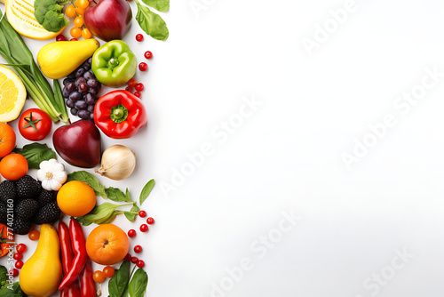 assorted colorful fruits and vegetables arranged on a white background with space for text. Generative AI