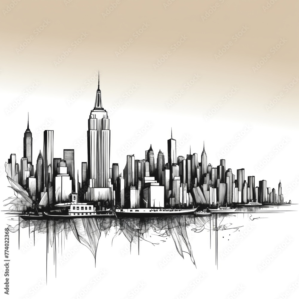 A black and white ink sketch of a cityscape is shown. The city has a ...
