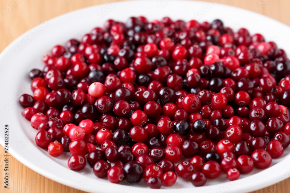 berries. a large number of bright lingonberries lie on a white plate, top view, useful concept berries. a large number of bright lingonberries lie on a white plate, top view, useful concept