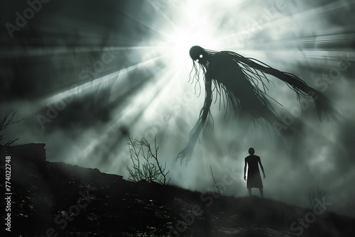 Surreal encounter with a giant ethereal figure in a misty landscape, evoking mystery and fantasy photo