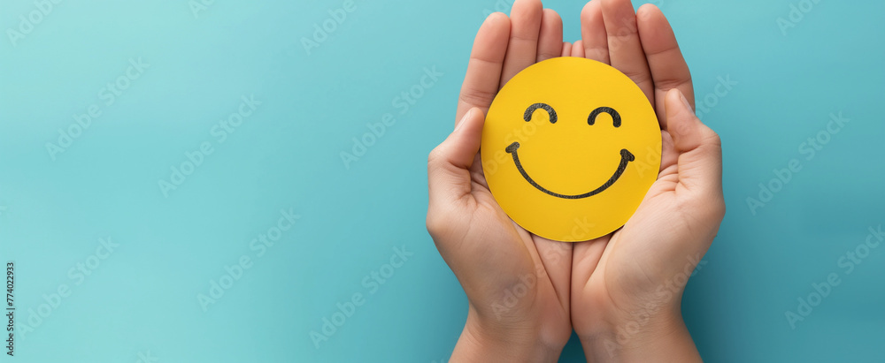 A pair of hands hold an embroidered smiley face on a light blue background, generative Al A pair of hands hold an embroidered smiley face on a light blue background, generative Al