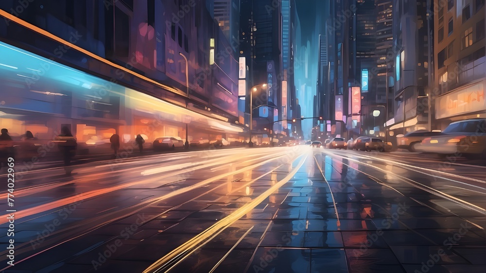 "Digital illustration of the motion blur of a busy urban highway during the evening rush hour. The artwork portrays the chaotic yet mesmerizing scene of cars streaking along a bustling highway amidst  - obrazy, fototapety, plakaty 
