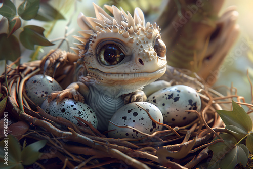 Cute lizard/dragon with big eyes in nest with eggs © Mathias