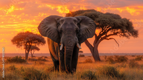 Majestic Elephant Roaming in Golden Sunset, African Savannah © ImaginAI