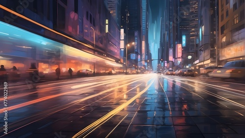 "Digital illustration of the motion blur of a busy urban highway during the evening rush hour. The artwork portrays the chaotic yet mesmerizing scene of cars streaking along a bustling highway amidst 