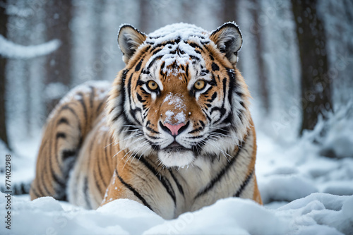 Tiger in a snow covered forest