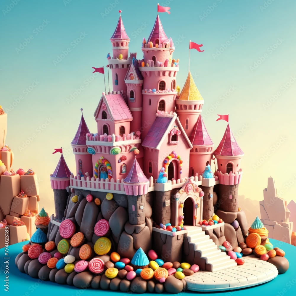 Naklejka premium A pink castle on a mound of blue rock, surrounded by large sugar candies in a pastel blue and pink background.