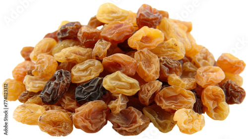 A heap of raisins arranged on a pristine white surface