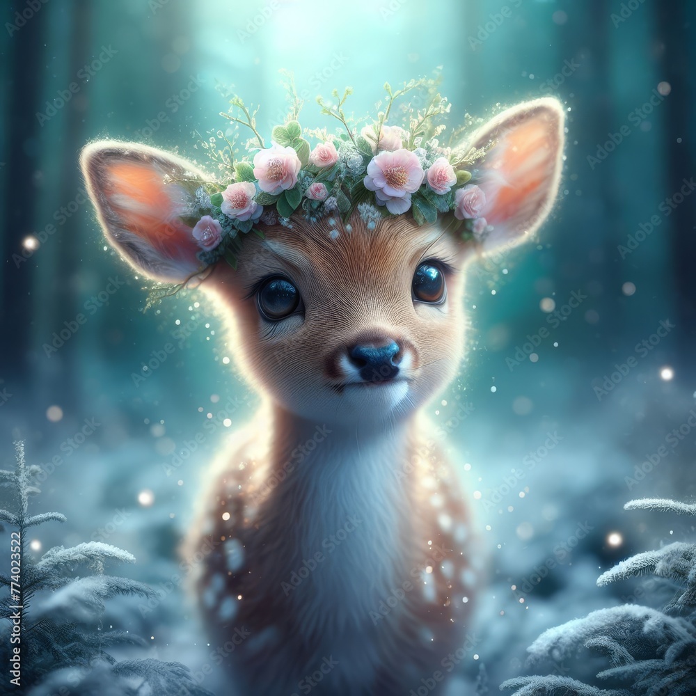 An enchanting fawn's gaze captures the heart, with a blossom crown enhancing its innocence against a soft, snowy backdrop.. AI Generation An enchanting fawn's gaze captures the heart, with a blossom crown enhancing its innocence against a soft, snowy backdrop.. AI Generation