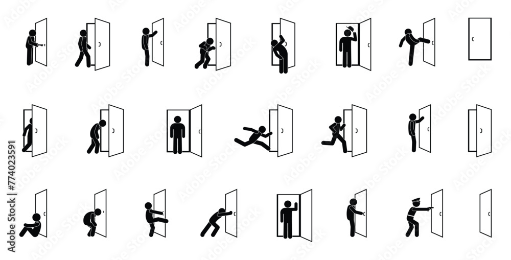 icon with a man with a door, stick figure man opens and closes the door, isolated silhouettes of people, entrance and exit icon with a man with a door, stick figure man opens and closes the door, isolated silhouettes of people, entrance and exit