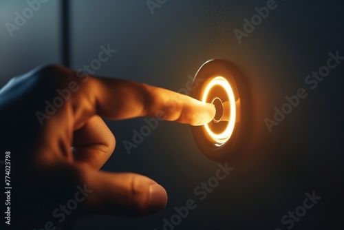 A human finger poised to press a luminous, futuristic button against a dark background.
