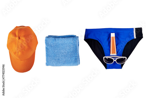 Set of different male accessories for summer vacation isolated on white background, Complete beach gear: Men's accessories set includes essentials for a day by the shore.