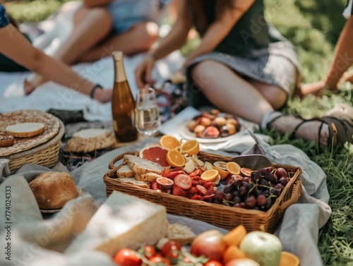 A group of friends having a picnic with healthy snacks like fruits and nuts in a garden