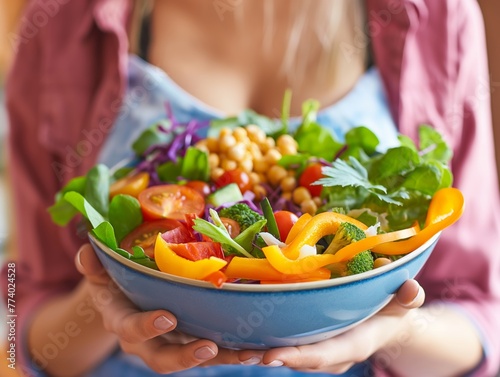 A woman enjoying a colorful salad bowl filled with a variety of vegetables and protein