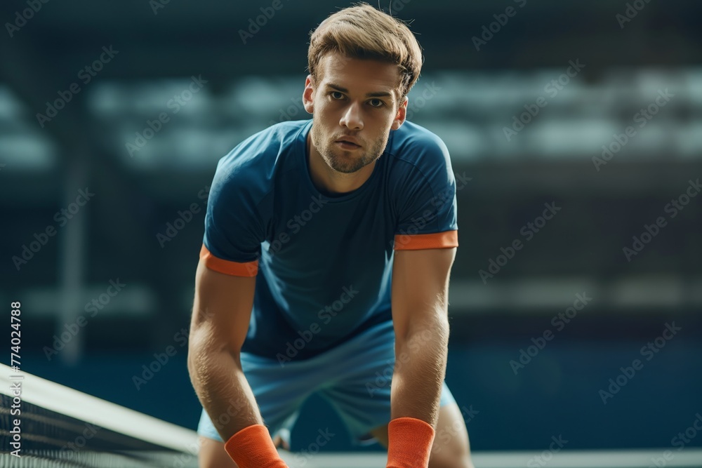 A male tennis player in sportswear at indoor court, focusing intently, showing determination and readiness for the game.