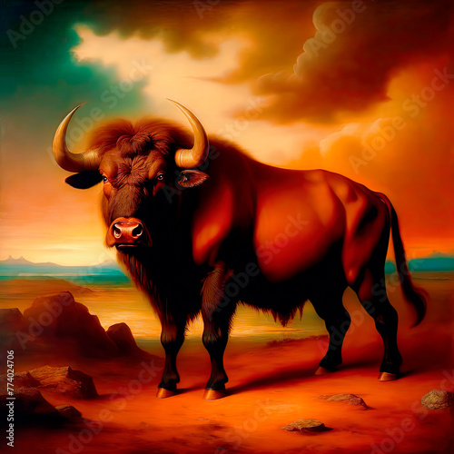 A formidable bull on the background of a romantic landscape in the style of classical oil painting, an allegorical figure of the zodiac sign of Taurus.