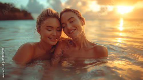 Romantic lesbian couple by the sea. Evening sunset.