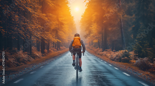 Athletes cycling on a forest road. Evening sunlight on the road ahead.
