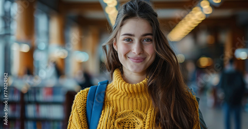 Smiling Young Woman in Yellow Sweater at Urban Bookstore