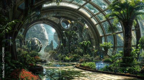 Futuristic Botanical Garden with Lush Greenery in a Space Station Observatory photo
