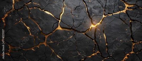 Abstract dark black cracked stone concrete wall or floor texture with golden background with cracks, damaged old dark 3d illustration backdrop design pattern photo