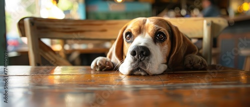 Beagle dog in a cafe