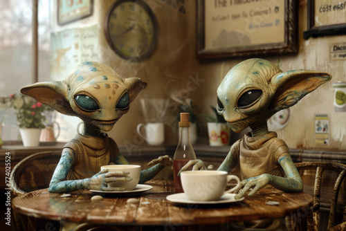 Two extraterrestrial aliens chatting having coffee in a coffee shop.