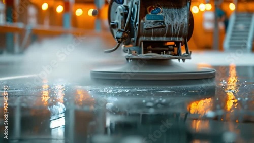 A concrete surface polisher before applying epoxy or polyurethane and epoxy floors using a high-speed floor polisher or surface cleaning machine in a factory.	 photo
