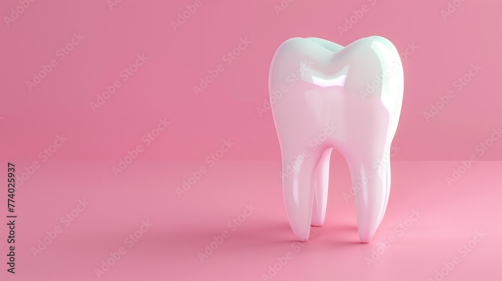 A shiny, white, stylized tooth on a pink background A shiny, white, stylized tooth on a pink background