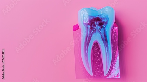 A colorful 3D illustration of a tooth cross-section on pink background