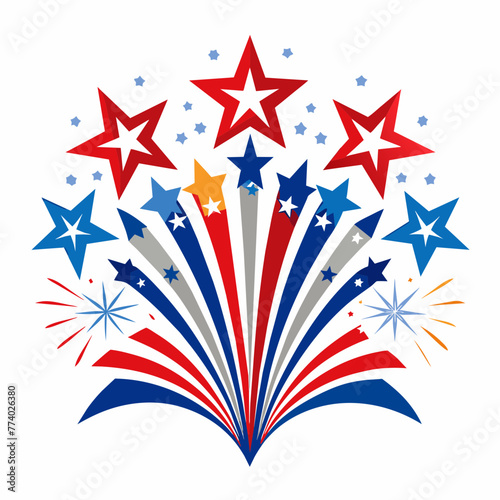 Fireworks and stars in national American colors. Vector illustration isolated on white background