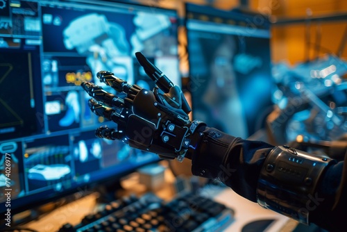 Bionic prosthetic arm on a computer background