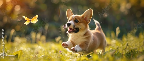 cute little red-haired Corgi puppy runs around the green meadow and fun trying to catch a flying butterfly on a Sunny day photo