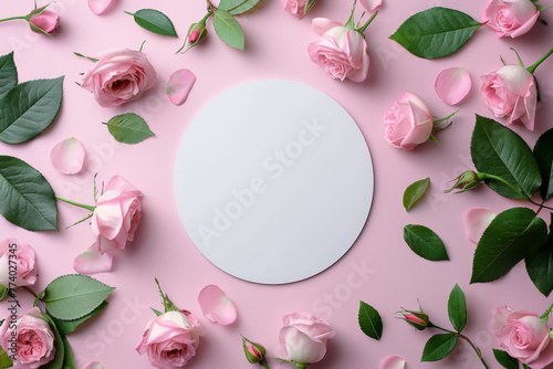 Elegant Pink Roses and Circle Copy Space on Pastel Background © artem