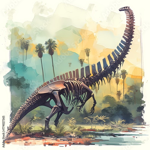 Striking ouranosaurus skeleton in vibrant jungle setting with unique sail-like back. Perfect for nature, wildlife, or prehistoric themes photo