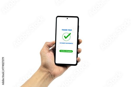 Online payment Concepts. Smartphone with payment successful notification on screen isolated on white background. All screen graphics are made up.