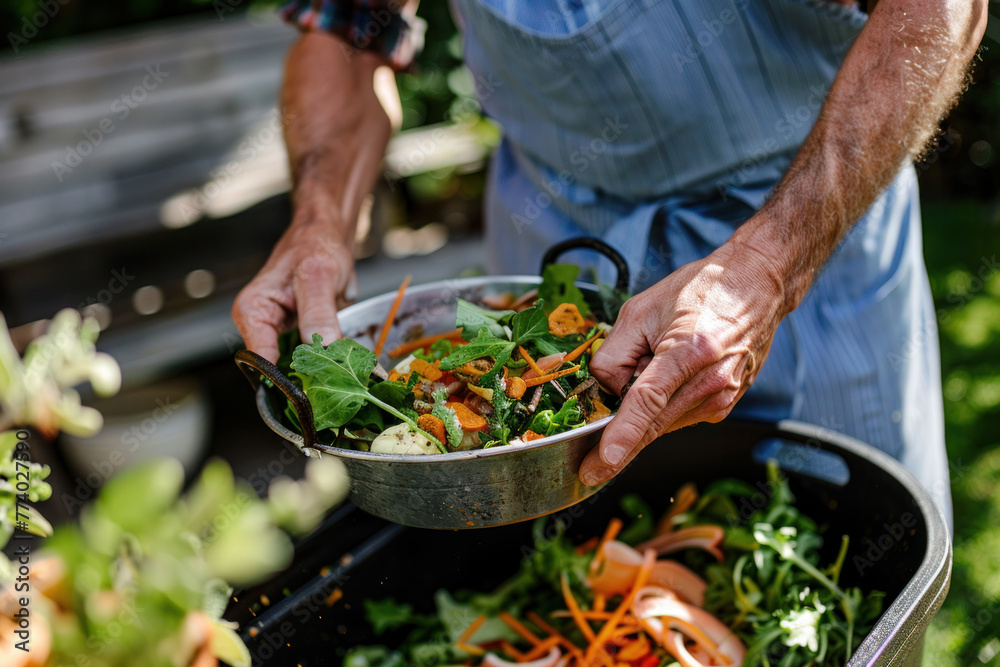 A man is making compost from kitchen leftovers A man is making compost from kitchen leftovers