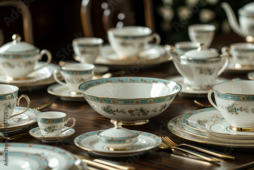 Elegant Porcelain Dinnerware Set on Wooden Table