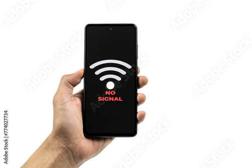 Cellular Problems Concepts. Man hand holding Smart phone with No Signal icon on screen isolated on white background. All screen graphics are made up.