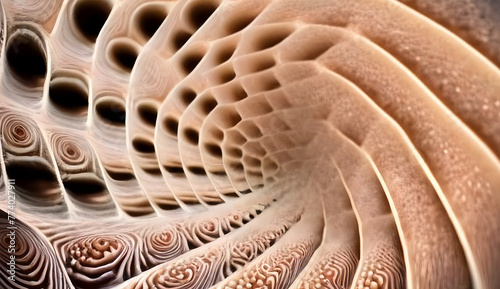 A captivating design is revealed on the outer layer of the shell, featuring spirals, ridges, and intricate geometric patterns.