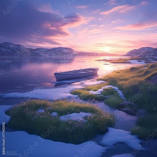 Breathtaking view of a Scandinavian fjord awash with vibrant colors during spring. Experience the serene beauty of nature in this captivating image.