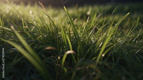 Closeup of grass in the morning sun. Generative AI.