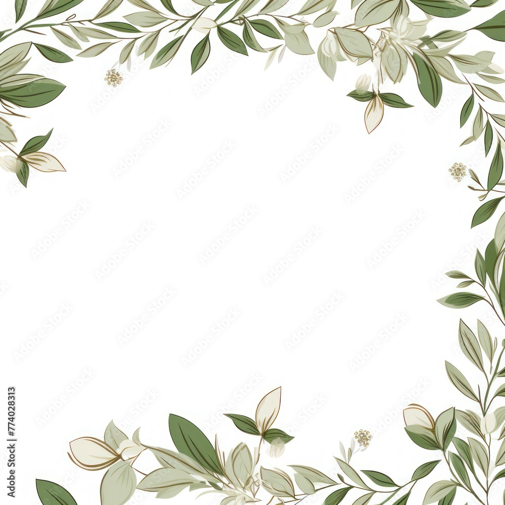 Olive thin barely noticeable flower frame with leaves isolated on white background pattern