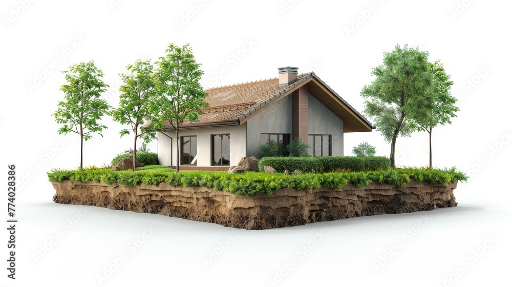 Isolated against a white background, a 3D illustration showcases a home harmonizing with ground ecology. Isolated against a white background, a 3D illustration showcases a home harmonizing with ground ecology.