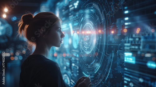 Business intelligence discovery  Young woman interacts with futuristic holographic interface  technological concept  with glowing digital screens and overlays.